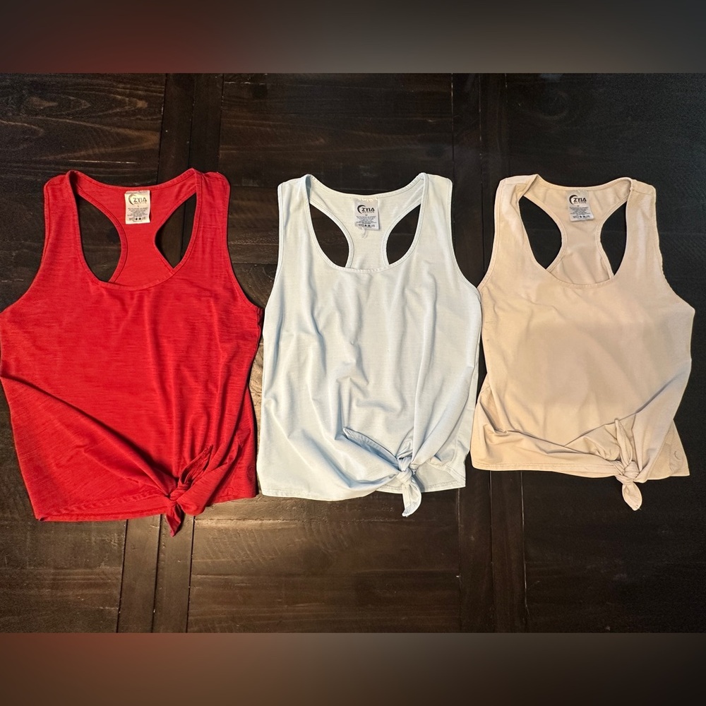 ZYIA Women's Racerback Knot Tank Tops - Red, Light Blue, Beige